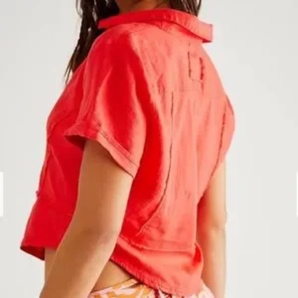 We the Free Anabelle Cropped Linen Blend Button Front Top XS Coral - Picture 6 of 6